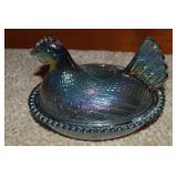 Vtg Indiana Blue Carnival Glass Hen on Nest 7.25"