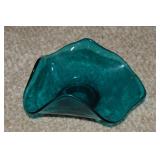 MCM Viking Art Glass Teal Handkerchief Bowl 7"