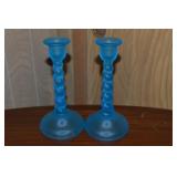Vtg Tiffin Sky Blue Satin Glass Candlesticks 8.25t