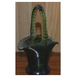 Vtg Emerald Green Art Glass 6" Tall Basket