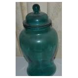 Vtg Teal Dimpled Glass Lidded Apothecary Jar 11.5