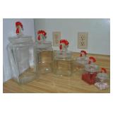 MCM Painted Rooster Head 6pc Glass Canister Set