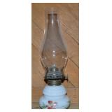 Handpainted Milk Glass Oil Lamp w/ Hurricane