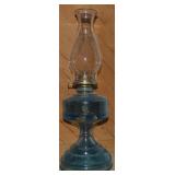 Vtg Blue Glass Oil Lamp w/ Hurricane 18" tall