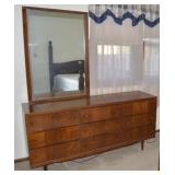 MCM 9 Drawer Dresser w/ Offset Mirror 62w x 19d x