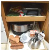 Kitchen Cabinet Contents Lot: Crock Pot, Teapot+
