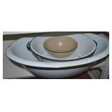 (3) Vtg Enamelware Pieces w/ Green/Tan Bowl