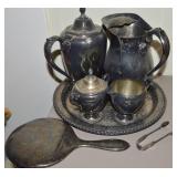 Silverplate Lot w/ Tea Service, Hand Mirror +Tongs