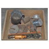 Wooden Crate w/ Misc: Weights, Sifters +