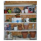 Garage Shelf Contents Lot w/ Potting, Lawn Decor+