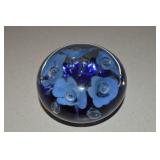 St Clair Signed Art Glass Blue Flower Paperweight