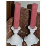 Pair Vtg Westmoreland Milk Glass Scroll & Lace