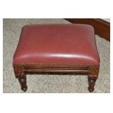 Vintage Carved Wood & Leather Top Stool 14.5x10.5