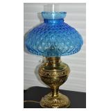 New Juno No 2 Brass Oil Lamp w/ Quilted Blue Glass