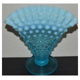 Vtg Fenton Blue Opalescent Hobnail Fan Vase 5.75t