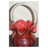 Vtg Fenton Cranberry Coin Dot Art Glass Basket