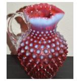 Vtg Fenton Cranberry Opalescent Hobnail Pitcher