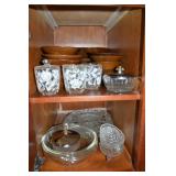 Kitchen Cabinet Contents Lot: Wooden Set, Glass
