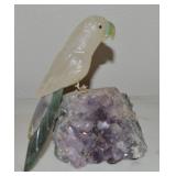 Vtg Carved Jade & Calcite Cockatoo Figure Amethyst