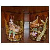 (2) Antique Moser Amber Optic Glass Enamel Painted