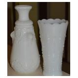 (2) Milk Glass Pcs w/ 7't Vase + Thin Embossed