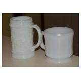 (2) Vintage Milk Glass Mugs w/ Pictorial Tankard