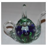 St Clair Studio Art Glass Blue Flowers Teapot
