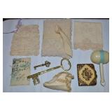 Antique Crochet Work Pcs + Vintage Brass Keys +