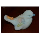 Vtg Fenton Handpainted Blue Satin Glass Bird