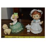 (2) Vintage Ceramic Girl Walking Dog Figures