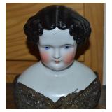 Antique Black Hair Blue Eyed Porcelain Doll Bust