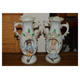 Pair Vtg Bisque Porcelain Vases w/ Boy & Girl