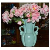 Vtg Teal Art Pottery Double Handled Vase w/Faux