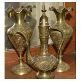 (3) Vintage Etched India Brass Pcs w/ Ewer +