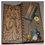 Antique Pyrography Hinged Box w/ Contents: Imco