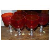(6) Vtg Italian Blown Light Red & Clear Glass Wine