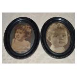 Pair Antique Tin Oval Framed Child Pictures 8x10