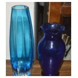 (2) Vtg Blue Art Glass Vases w/7' Octagonal