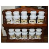 Vintage Wooden Rack w/ Milk Glass Set of 10 Spice