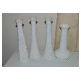 (4) Vintage Milk Glass Stem Vases 9' tallest