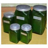 (5) Owens Illinois Green Ribbed Glass Hoosier