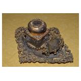 Antique French Gilt Brass Filigree Inkwell w/Glass