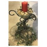 Wrought Iron & Glass Candle Stand w/ Rocks &