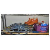 Garage Shelf Contents Lot: Putters, Boots +