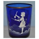 Vtg Cobalt Blue Gilt Glass Mary Gregory Tumbler