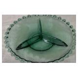 Vtg Green Beaded Rim Glass 3 Part Relish Dish