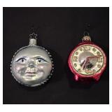(2) Vtg Blown Glass Christmas Ornaments: Clock