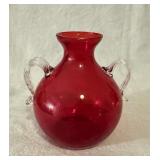 Red Art Glass Clear Applied Handles Bulbous Vase