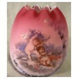 Antique Pink Cased Art Glass Crimped Rim Vase w/