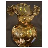 Antique Enamel Painted Amber Glass Ruffled/Crimped